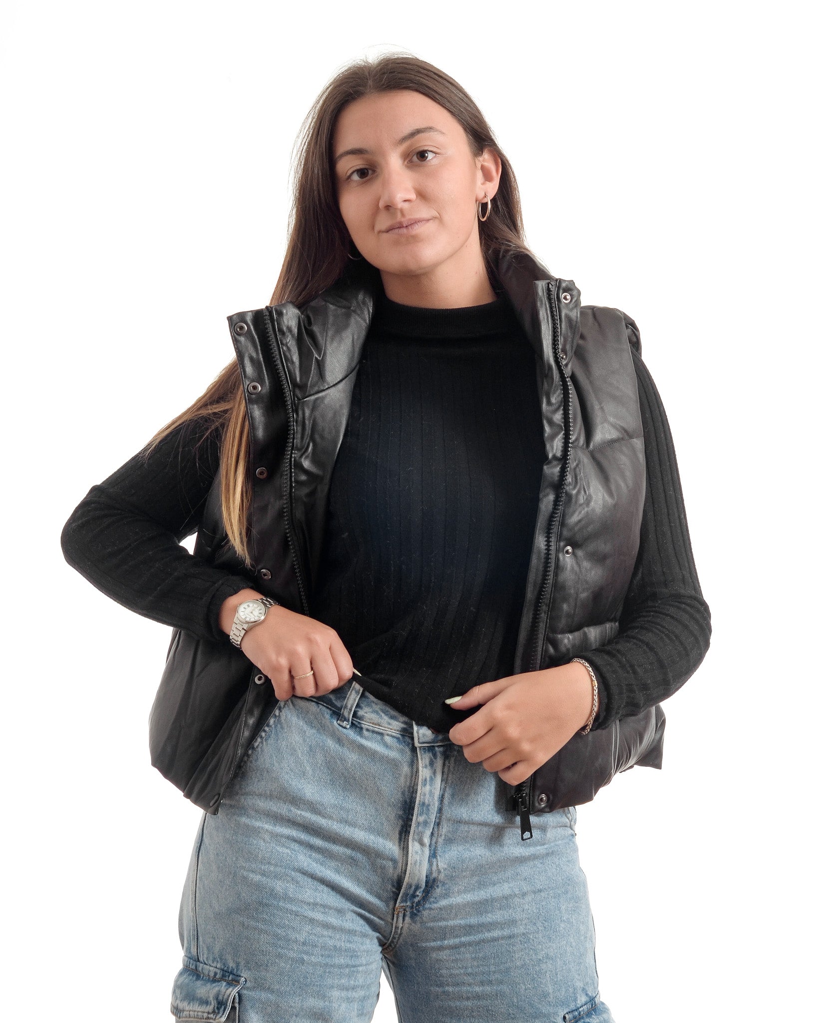 Chaleco Puffer Negro Ecocuero MELANIA - Main Image