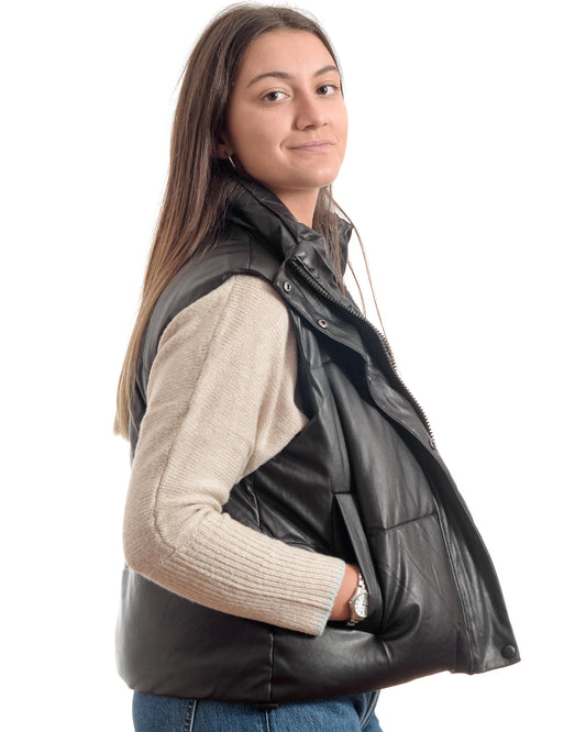 Chaleco Cuero Puffer Negro