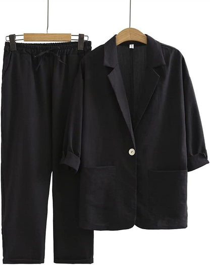 conjunto lino negro blazer y pantalon mujer melania