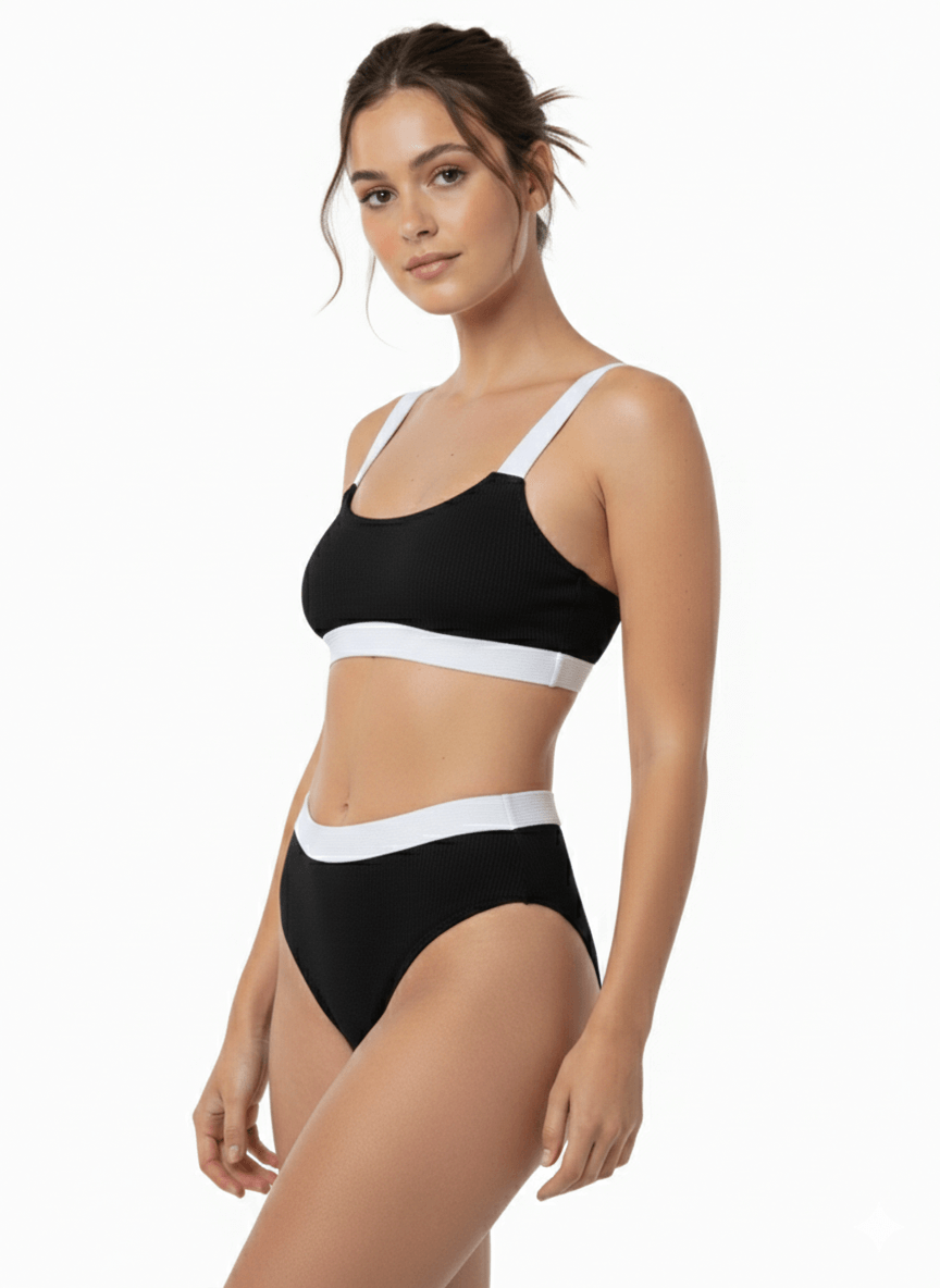 Bikini top negro Melania, vista frontal en modelo