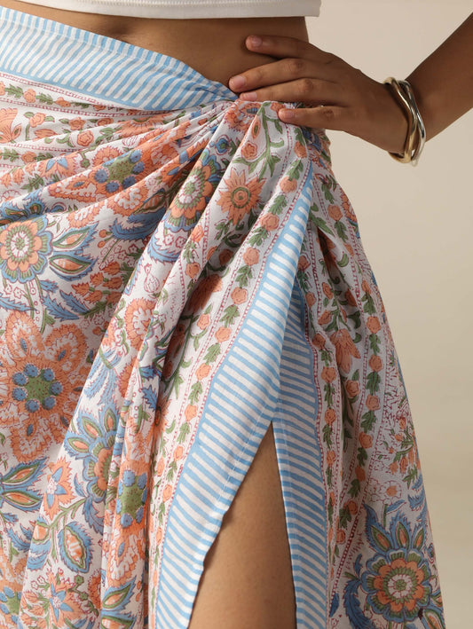 pareo terracota artesanal de algodón 100% en tonos naranja y celeste