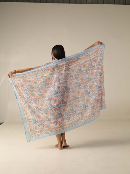 pareo bombay celeste y naranja artesanal de algodón 