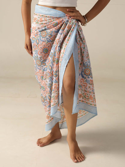 pareo bombay boho artesanal de algodón en tonos naranja y celeste