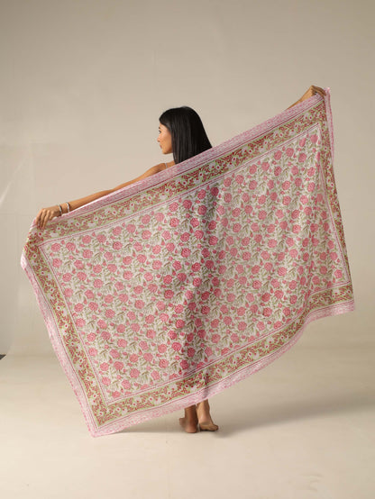 pareo abierto rosa floral 100% algodón hecho a mano en la india