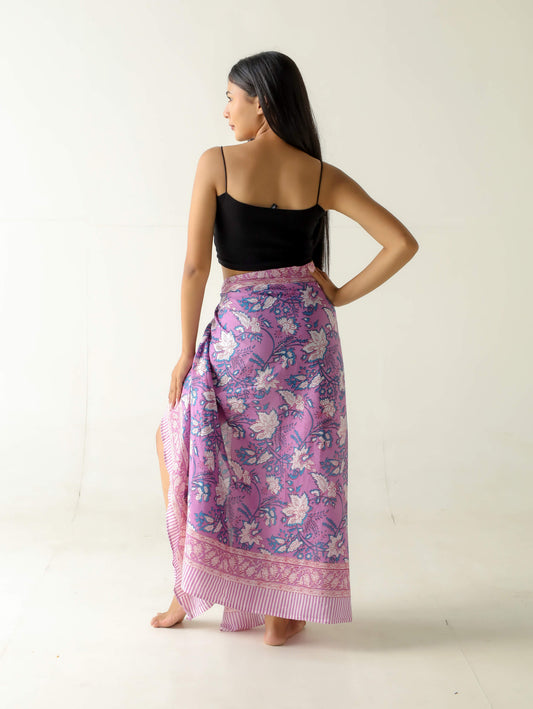 pareo lila artesanal con diseño boho en tonos lilas y rosados, 100% algodón, suave